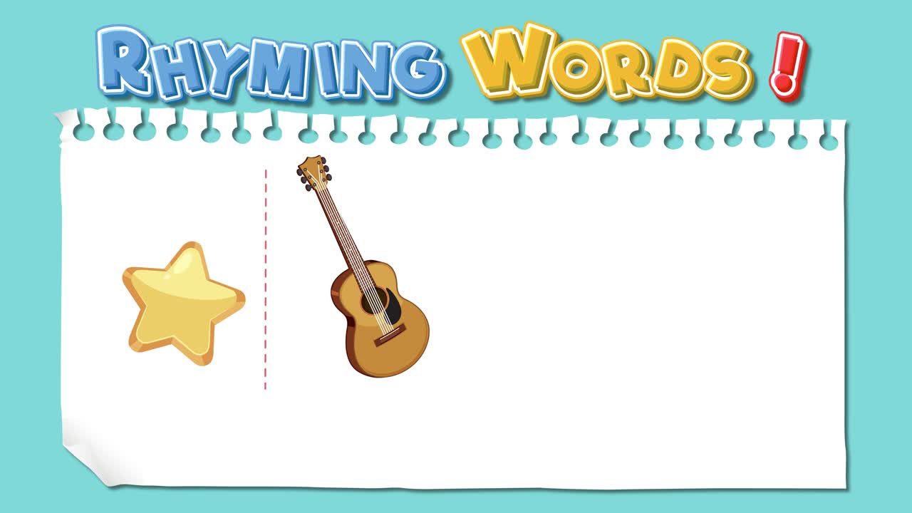 Colorful animation teaching rhyming words using engaging visuals and playful transitions. Features objects like star, guitar, jar, car