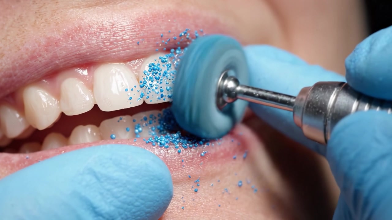 Um Close-Up de Procedimento de Limpeza Dentária Destacando o Uso de uma Ferramenta de Polimento para Melhorar a Higiene Oral e a Aparência Estética dos Dentes