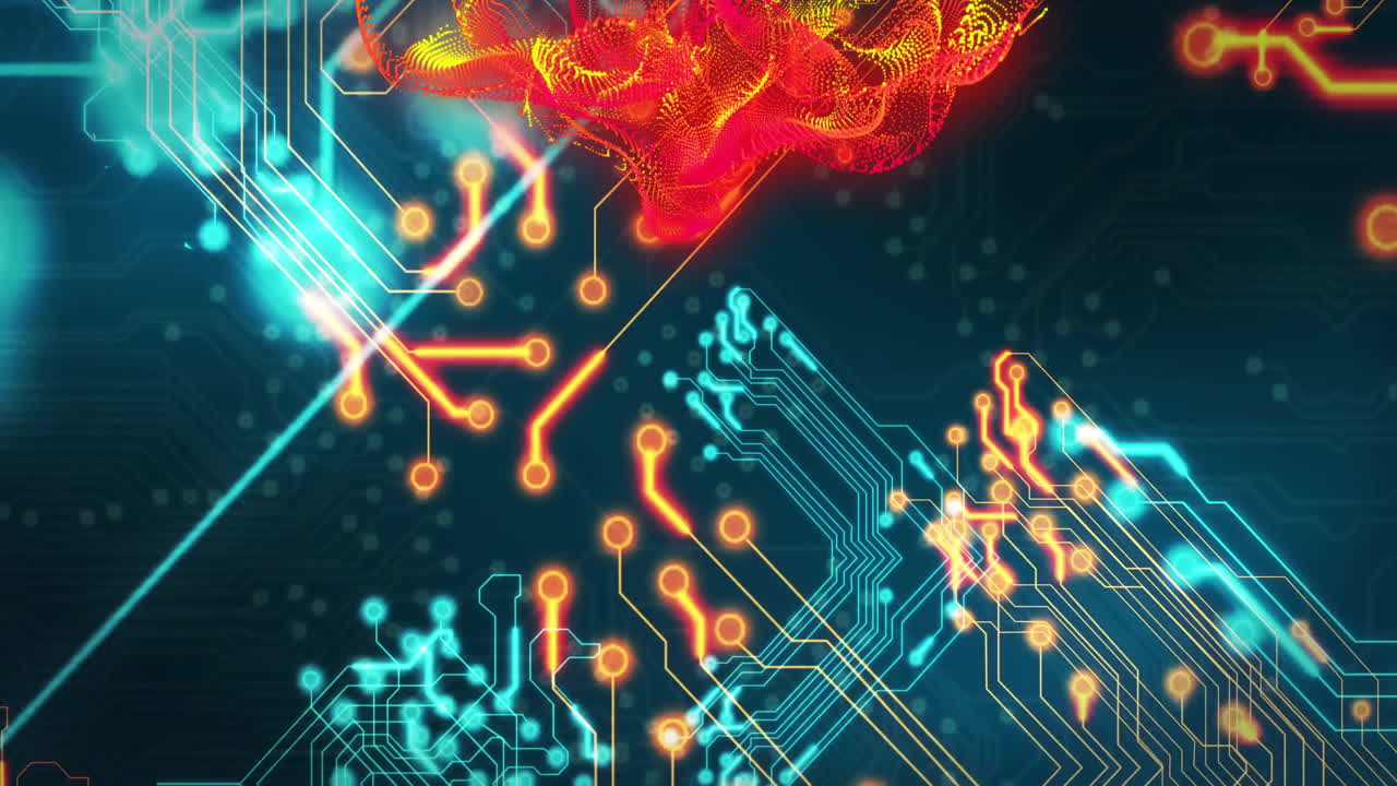 Animation of digital network of connections over circuit board on black background