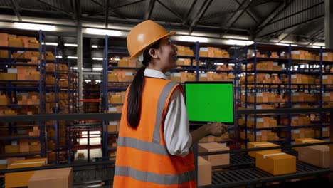 back view of asian female engineer with safety helmet standing in the warehouse with shelves full of delivery goods. looking at green screen laptop and looking around the storage