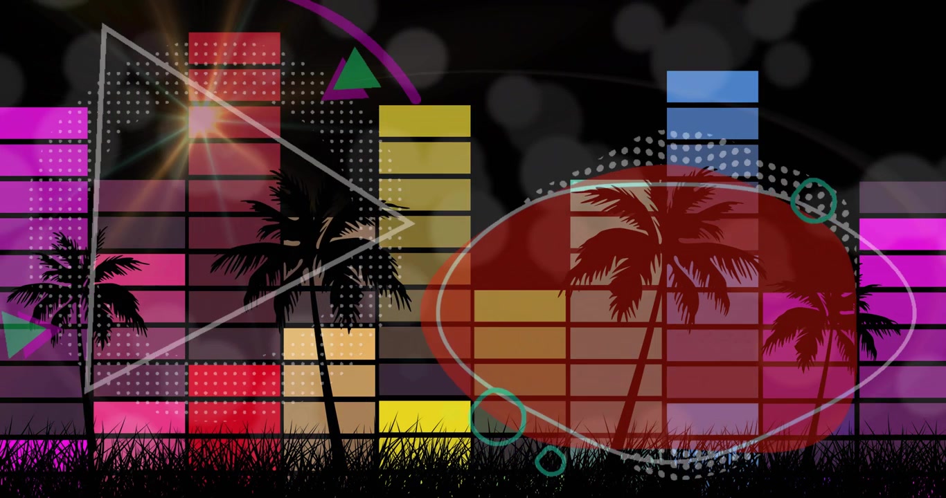 Grafica animata che pulsa a ritmo di musica, barre dell'equalizzatore che si alzano, ovale rosso che si sposta, palme che incorniciano la scena.
