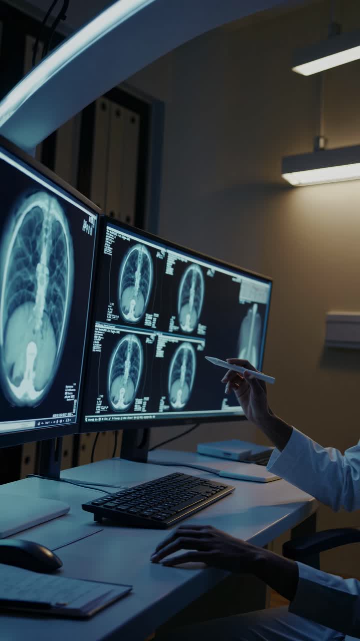 Un medico esamina immagini radiografiche su doppi monitor in una stanza scarsamente illuminata
