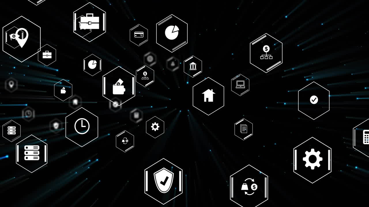 Animation of business icons with data processing over black background