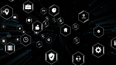 animation of business icons with data processing over black background