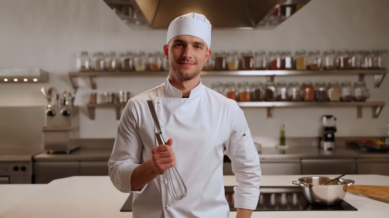 Chef in a kitchen holding a whisk