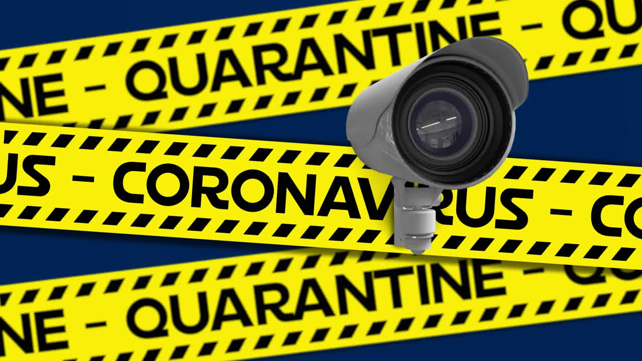 las palabras cuarentena y coronavirus escritas en cintas de advertencia con grabación de cámara en fondo azul.