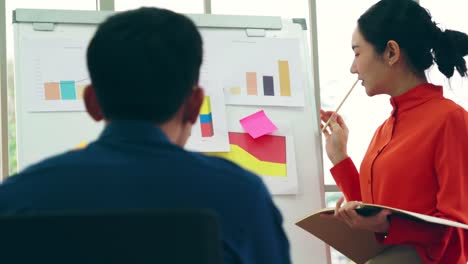 young woman explains business data on white board