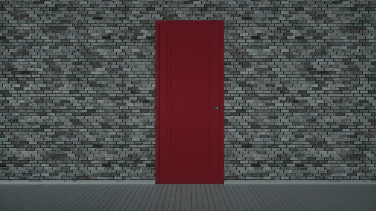 Red classic design door opening to green screen. Animation of door opening