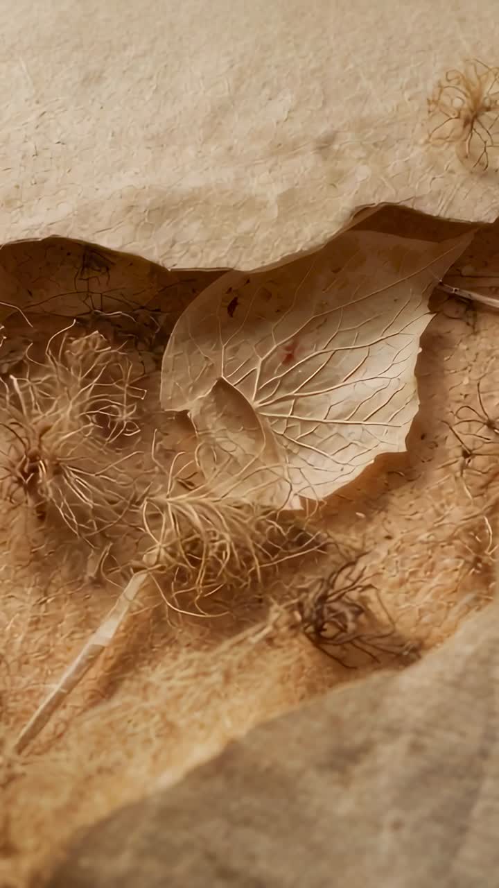 Vertical video: Panning cam revealing curled leaf skeleton, filamentous seed hairs on pale mat