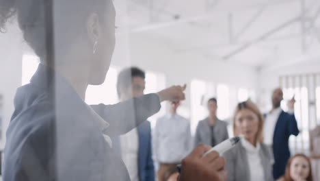mixed race business woman team leader writing on glass whiteboard training colleagues sharing problem solving ideas in corporate seminar presentation
