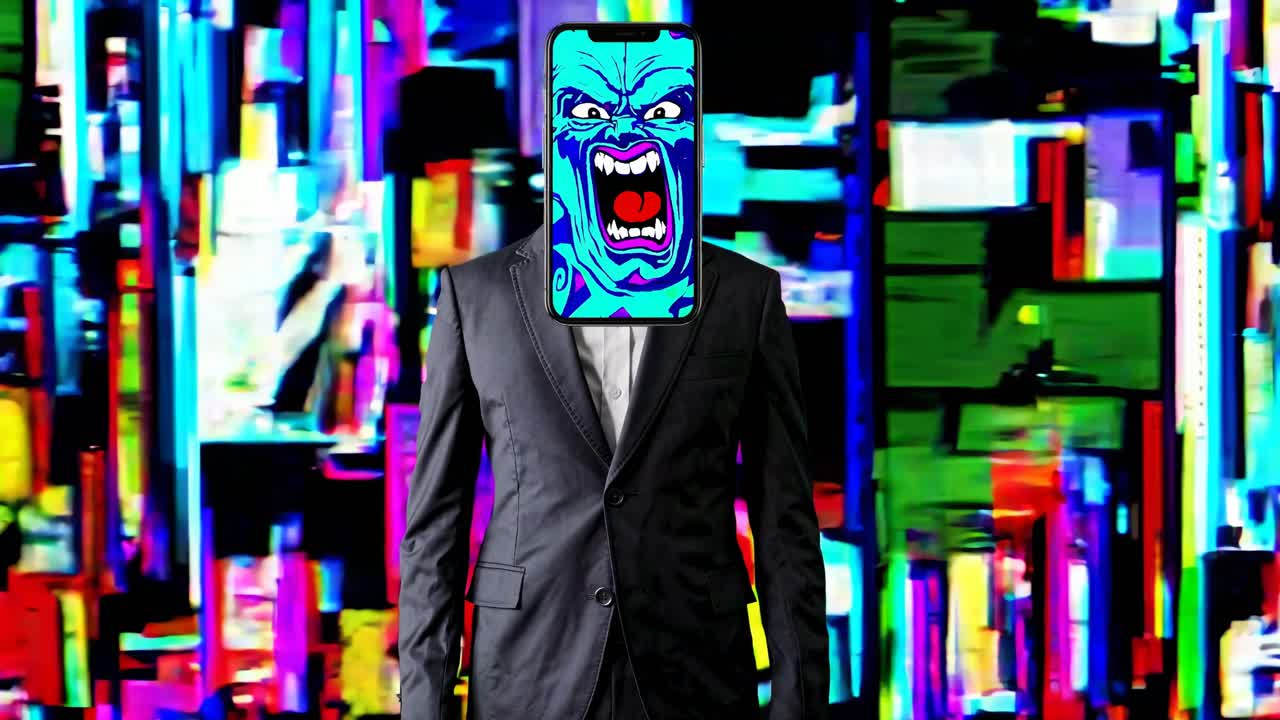 figura abstracta en un traje con una cabeza de teléfono inteligente