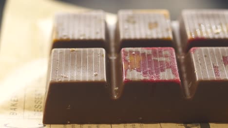 close-up of a chocolate bar with red filling