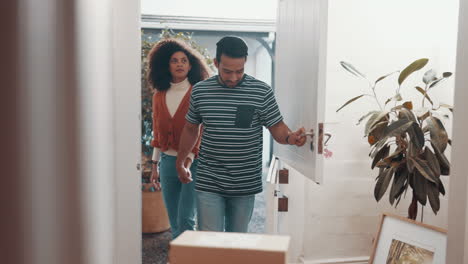 real estate, door and couple holding hands