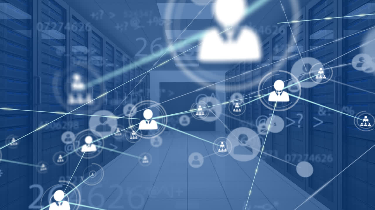 Animation of network of connections with icons and data processing over server room