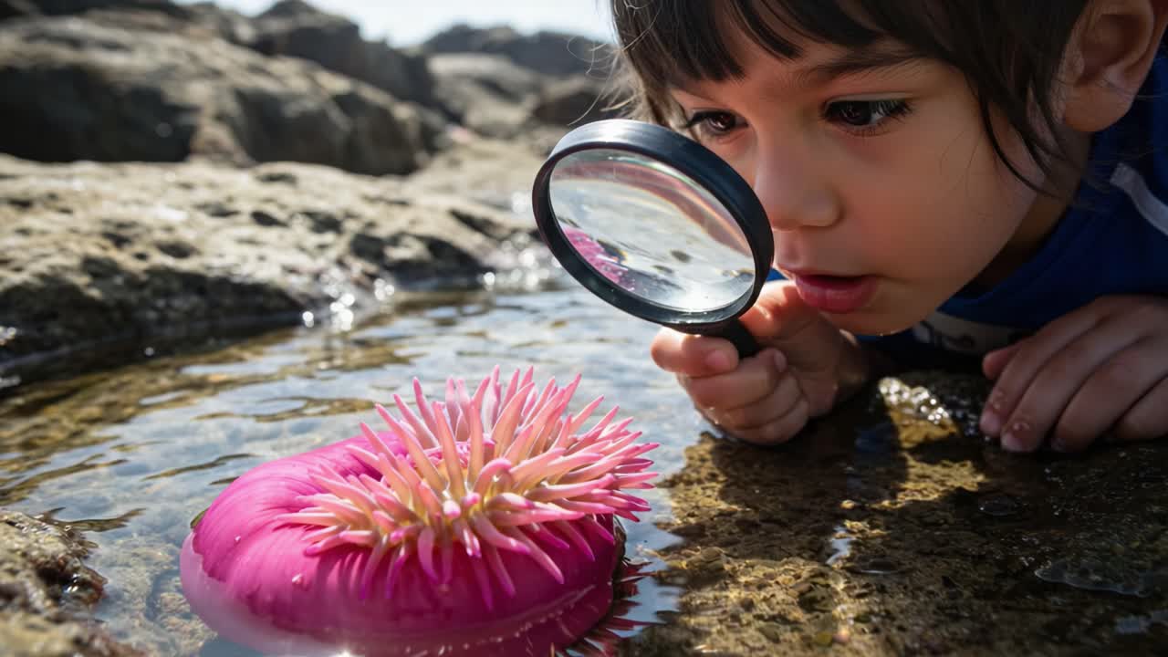 A Child's Discovery: Exploring the Fascinating Underwater World Through a Magnifying Glass, Observing Colorful Anemones in a Tidal Pool Habitat