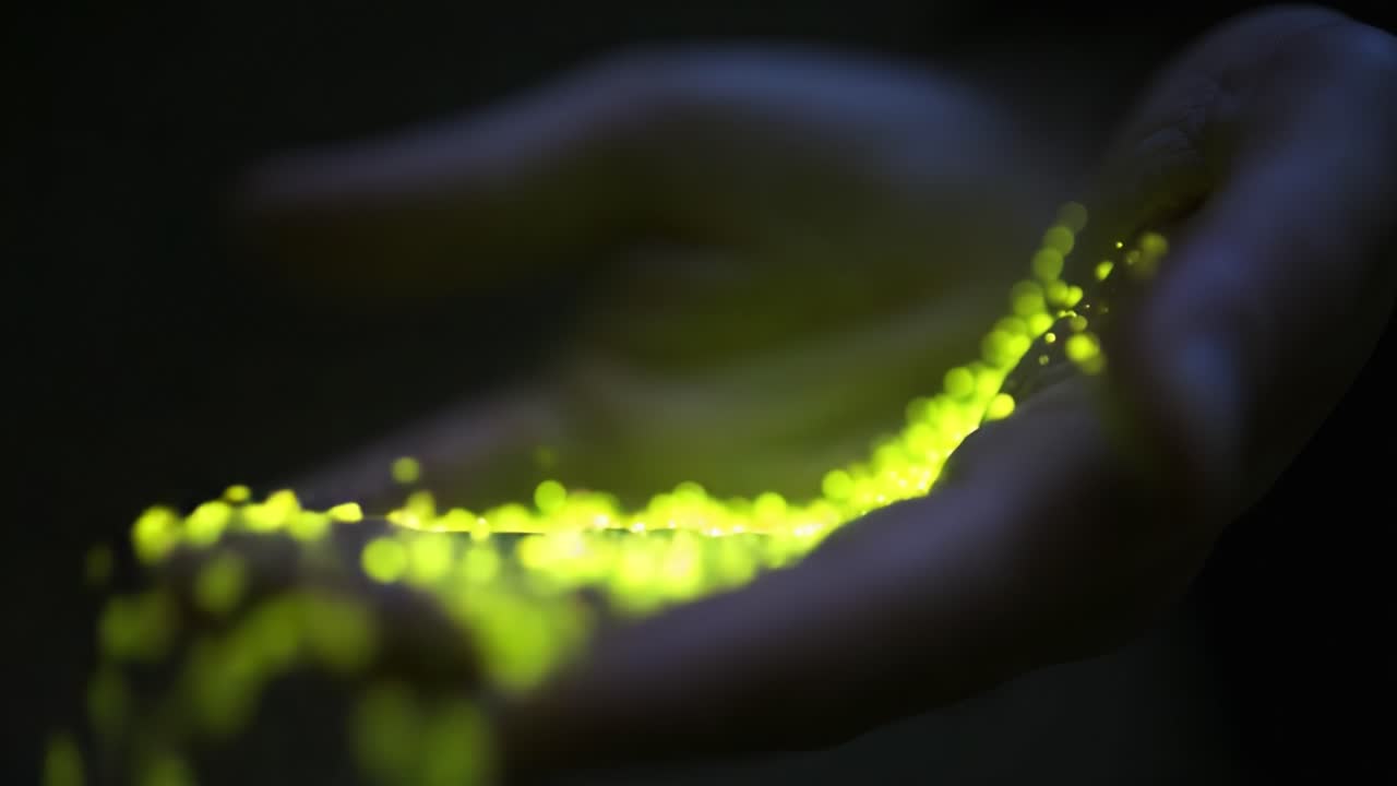 A Captivating Glimpse of Glowing Particles Flowing Through Open Hands, Creating a Magical Aura of Light and Wonder, Evoking a Sense of Enchantment and Serenity Amidst the Darkness