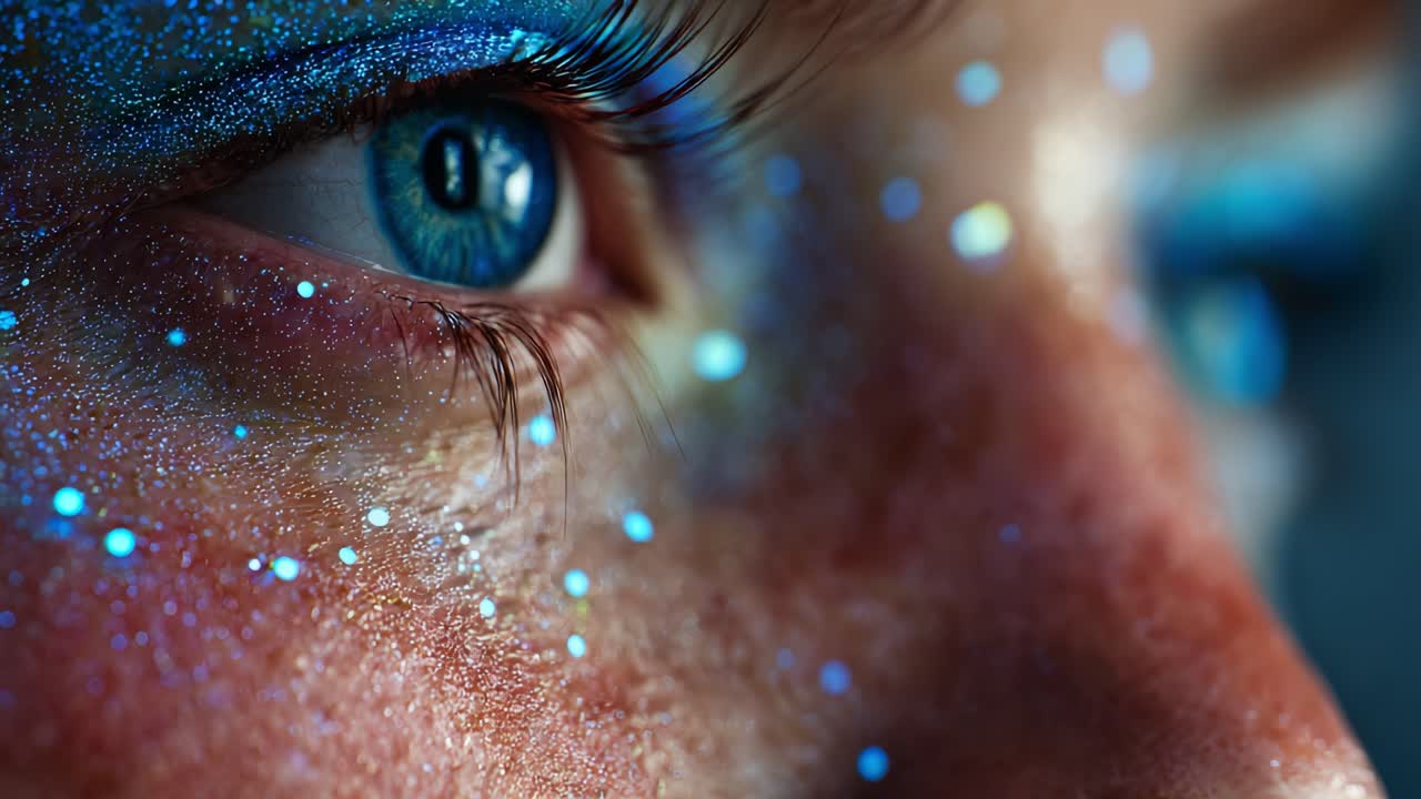 A Close-Up of an Eye with Sparkling Blue Glitter and Makeup That Highlights the Beauty and Depth of the Iris, Showcasing Intricate Details and a Captivating Expression