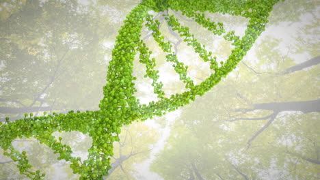 animation of 3d green dna strand spinning over trees