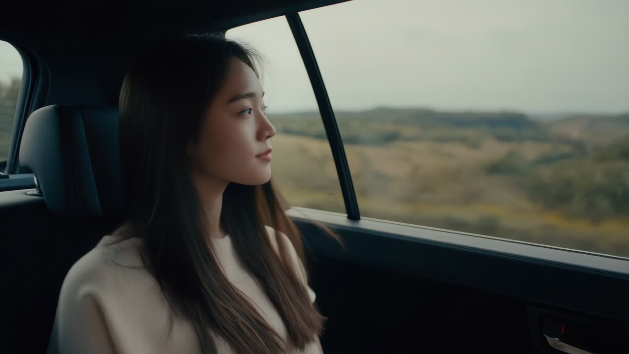 A young woman looking out the car window during a road trip