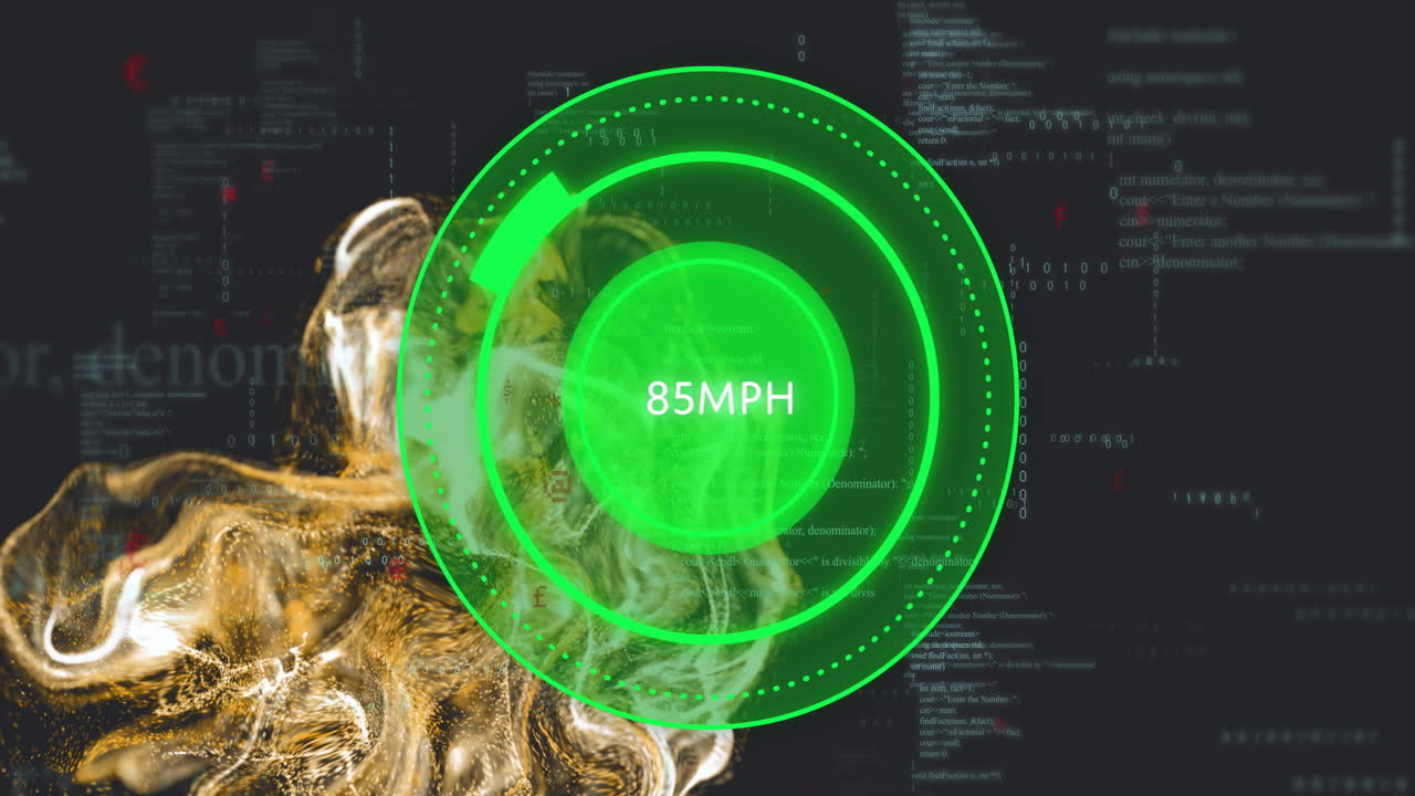추상적인 디지털 배경 위에서 85 mph를 표시하는 스피도미터 애니메이션