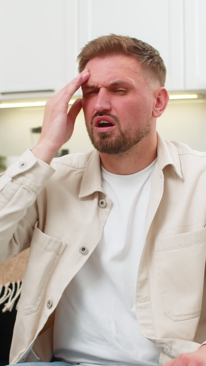 Young man suffers strong headache massages temples closes eyes slow breath seeks comfort calm relief