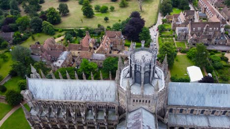 flying over ely cathedral in cambridgeshire, england, aerial top down view