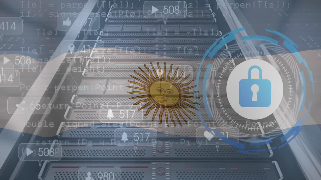Animation of notification bars, padlock over flag of argentina and computer language, data system