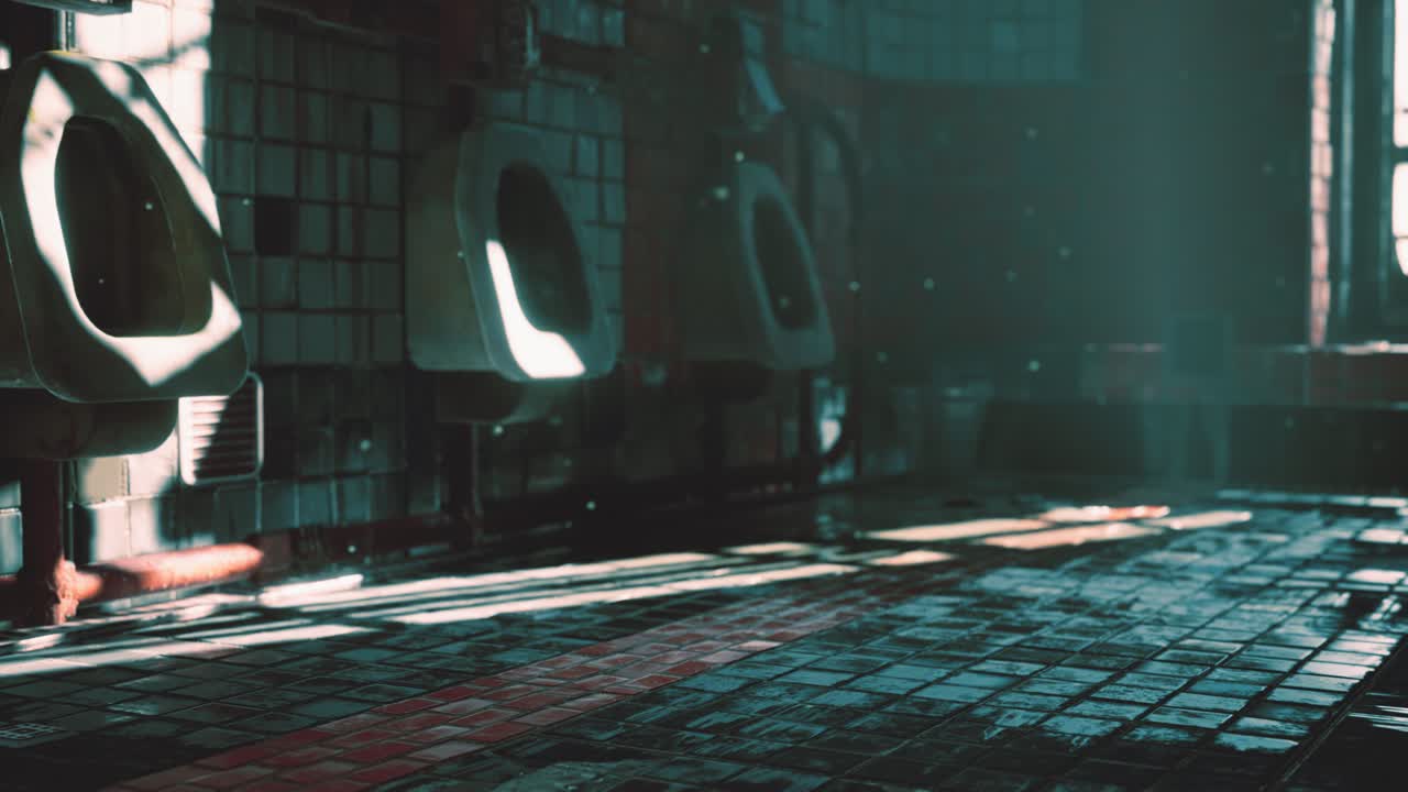 viejo inodoro público abandonado con luces brillantes