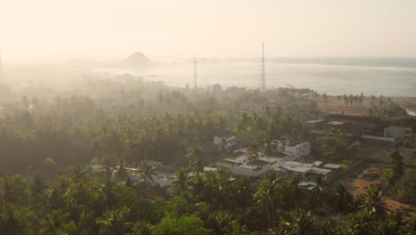 Hazy-sunrise-in-Kuta-Lombok,-Indonesia.-Aerial-shot