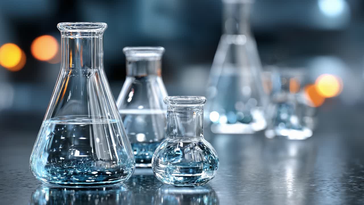 A Captivating Display of Laboratory Glassware with Clear Water and Vivid Reflections in a Scientific Environment Illuminated by Soft Background Lights