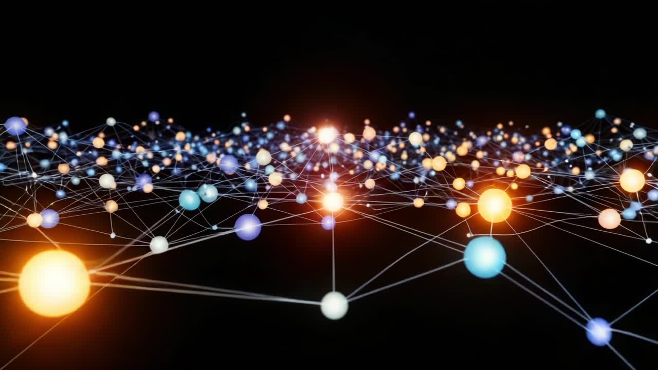 A Vast Universe of Connected Points: A Visual Exploration of Cosmic Networks Encompassing Glowing Spheres and Interconnected Lines in a Dark Abyss