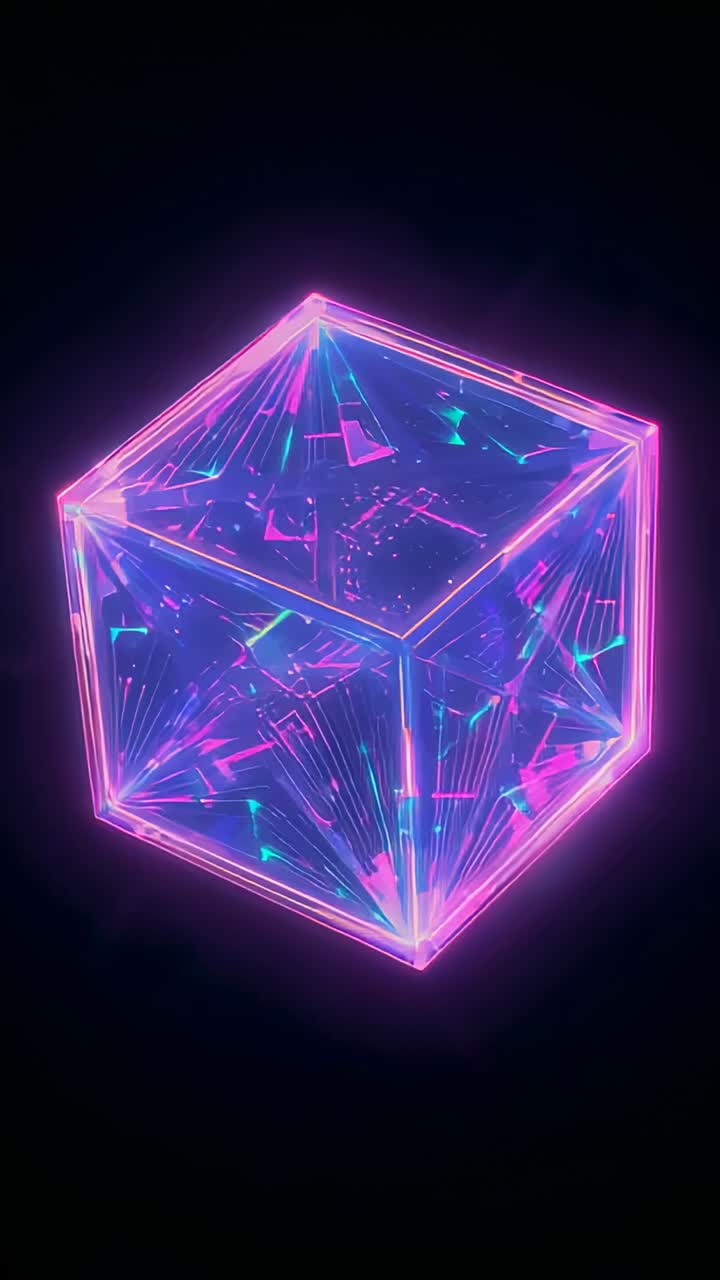 Vertical video: Appearing neon cube rotating to reveal glowing filaments in void, with neon glow