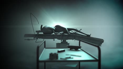 escena cgi de una autopsia alienígena en un ambiente oscuro y ahumado atmosférico, con un alienígena gris estilo roswell clásico, acostado en un catre médico enfocado en el fondo, detrás de una bandeja de instrumentos médicos