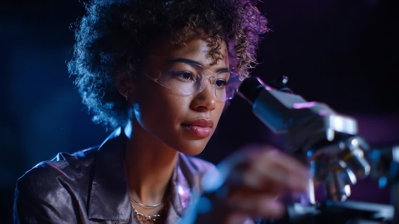 A focused scientist examines a sample under a microscope, highlighting the dedication and precision required in modern research, showcasing the pursuit of knowledge and innovation in a lab environment