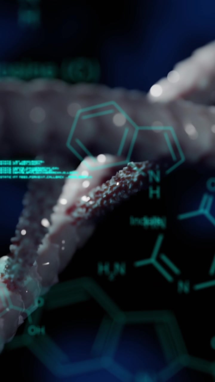 Elaborazione dati su struttura chimica e del DNA su sfondo blu