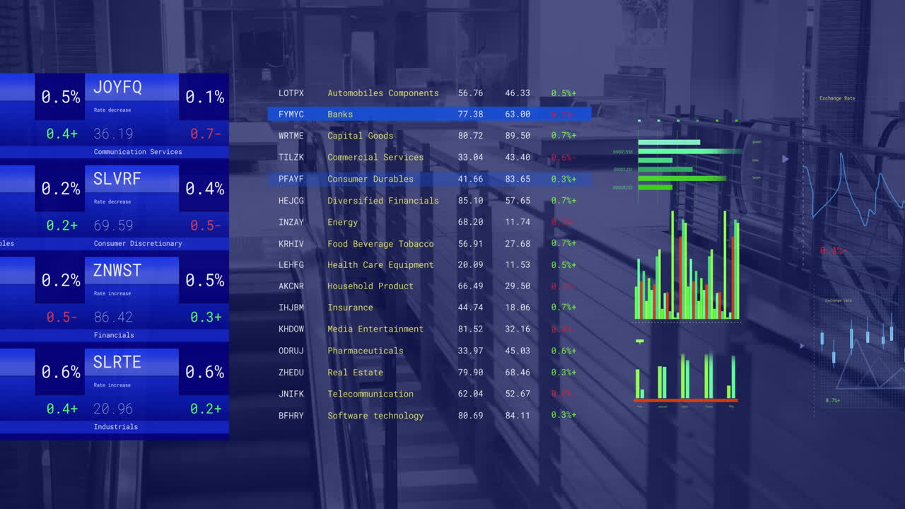 Animation of financial data processing over business office