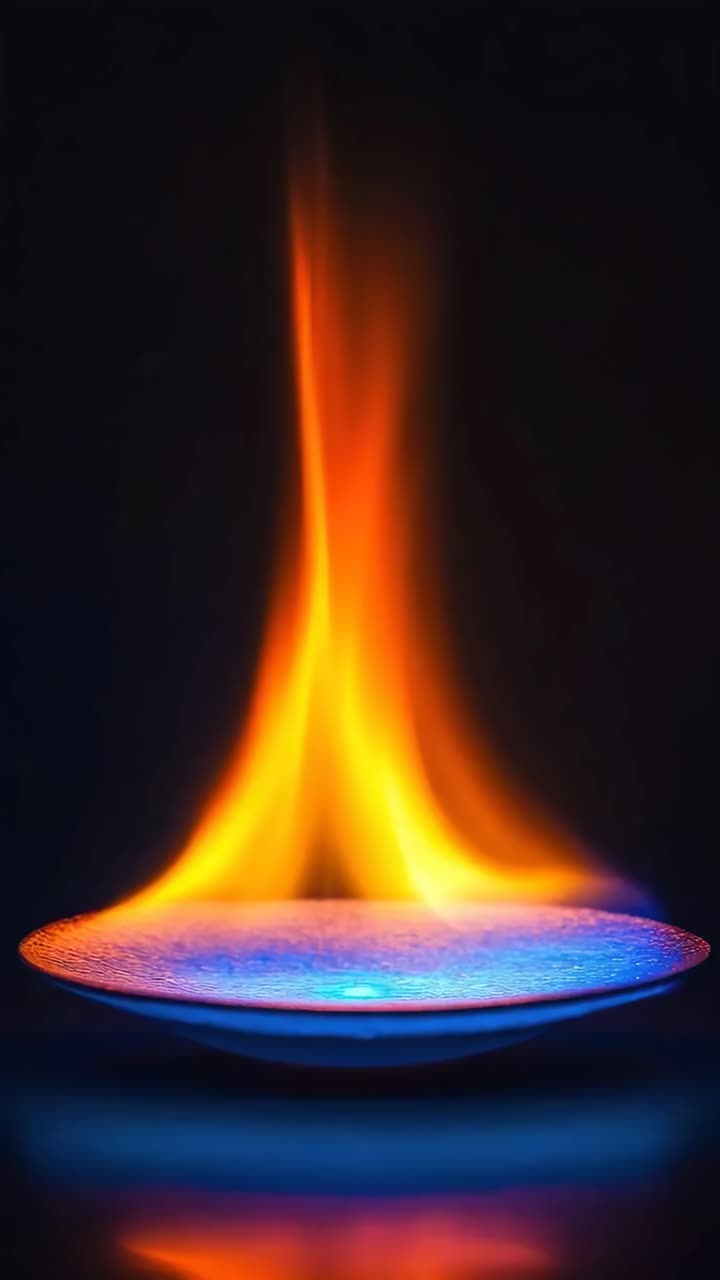 Vivid close-up of a flame on a dish, shot from a low angle. The video captures the dynamic colors