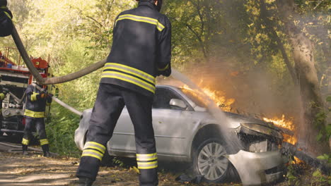 firefighters extinguishing a car fire in the woods