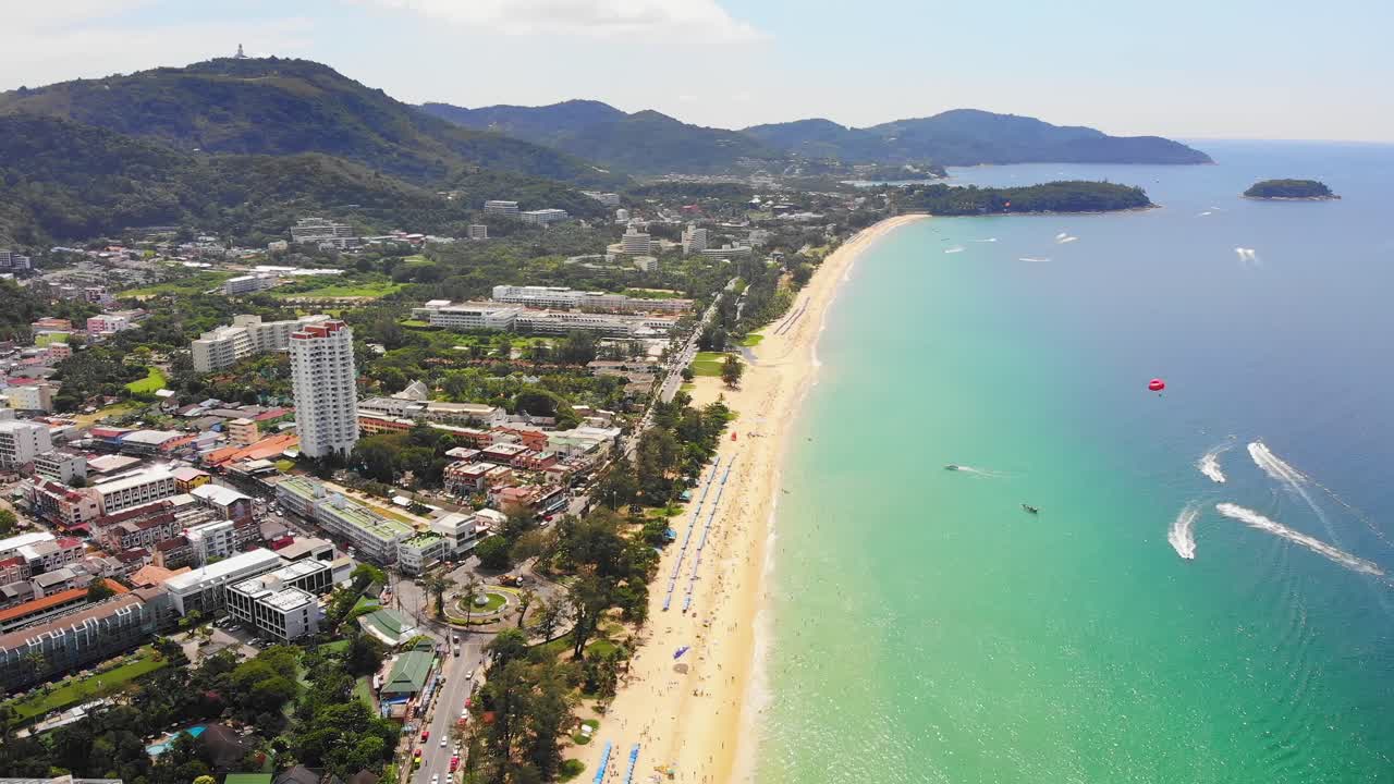 High aerial establishing drone shot of Phuket island beach, Thailand