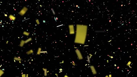 Animation-of-golden-and-colorful-confetti-falling-against-copy-space-on-black-background