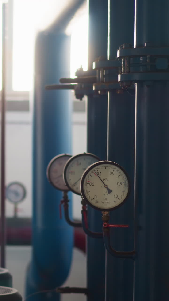 Pipeline transporting hot steam with pressure meters in mechanical room. Building central heating system with safe equipment and controllers