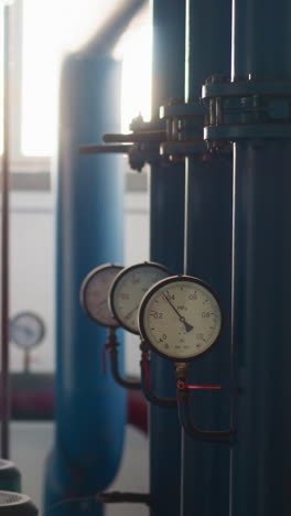 pipeline transporting hot steam with pressure meters in mechanical room. building central heating system with safe equipment and controllers