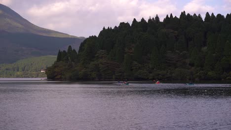 tiro largo de grupo de personas en kayaks en el lago con bosque en la distancia