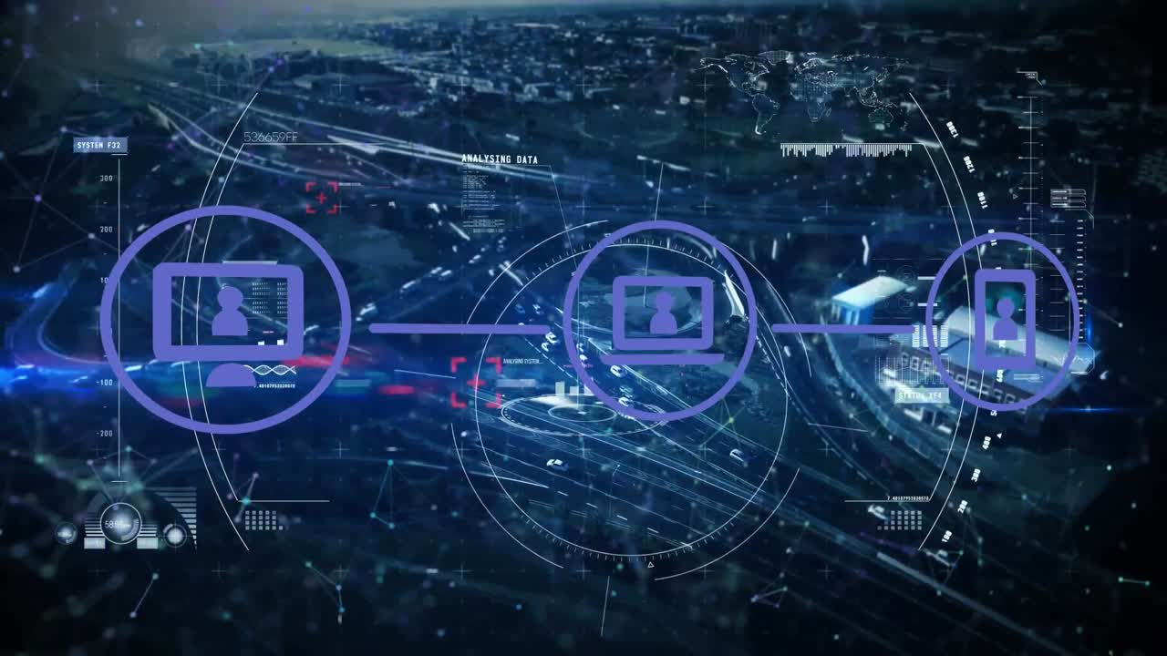 Network of digital icons against cityscape