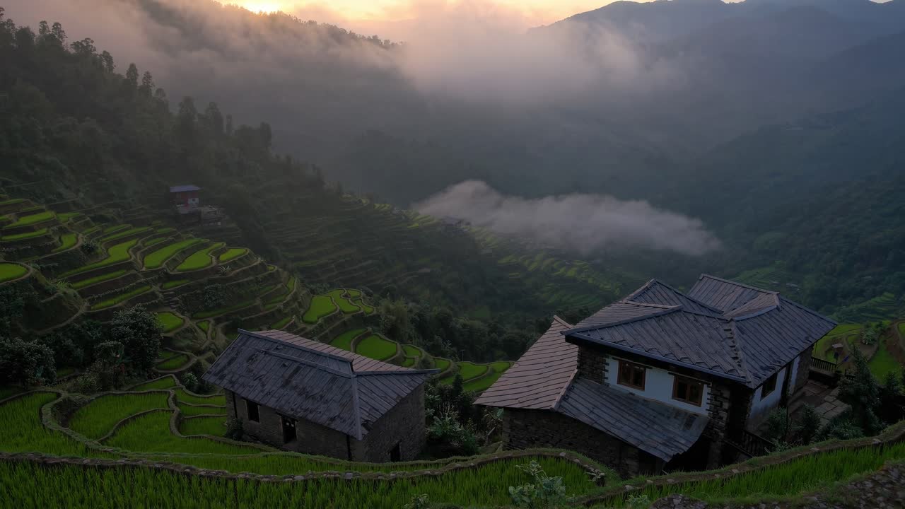 Sunrise over a Misty Himalayan Rice Terrace Valley