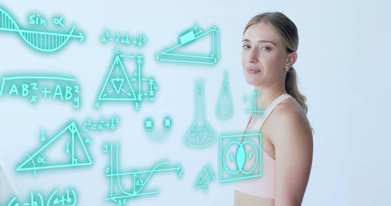 Donna in studio, con un arco verde neon che appare, che gira la testa, e formule che illustrano concetti STEM