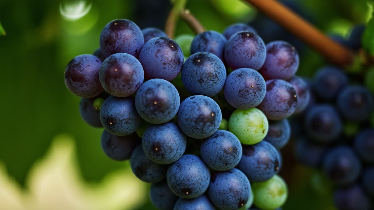 Close-up of a Bunch of Ripe Grapes Displaying a Variety of Shades from Deep Purple to Green, Perfectly Captured in Natural Light Amongst Lush Green Leaves