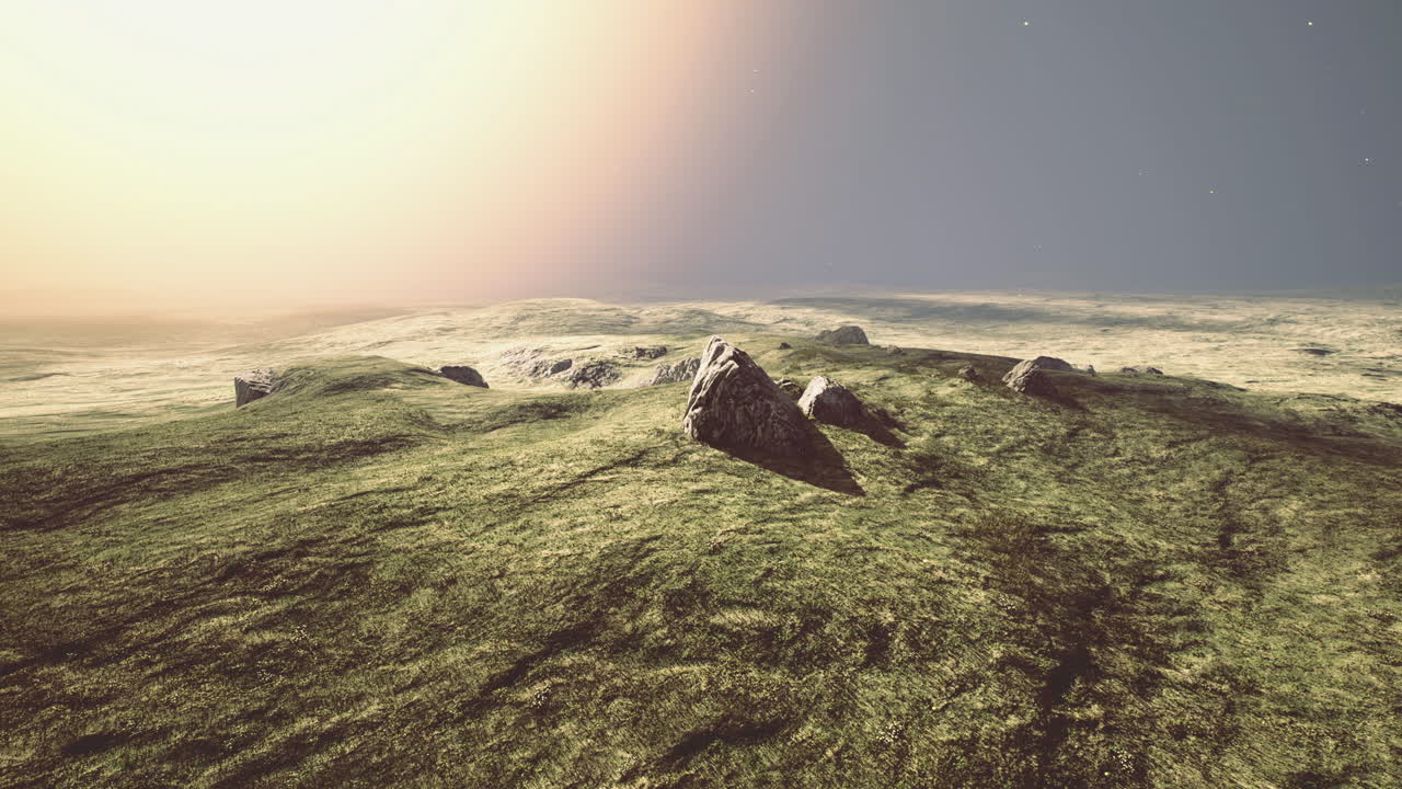 Stones on a grassy landscape under a colorful sky at twilight