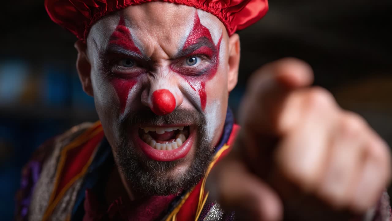 Angry Clown Expressing Intense Emotion with Bold Gesture and Vivid Makeup in Dramatic Close-Up Shot, Creating a Striking Visual Impact and Evoking Curiosity