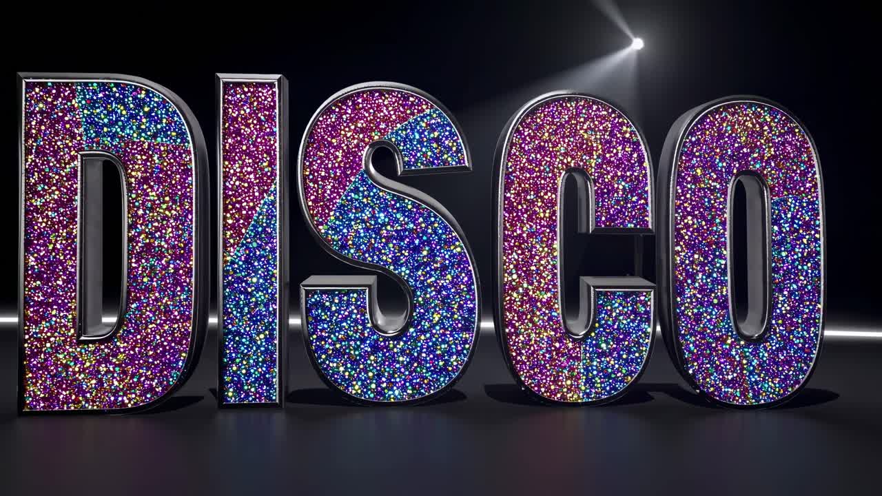 Large, sparkling, glittering DISCO letters shining on a dark stage, illuminated by a bright spotlight, creating a mesmerizing and dazzling spectacle in a vibrant nightlife setting